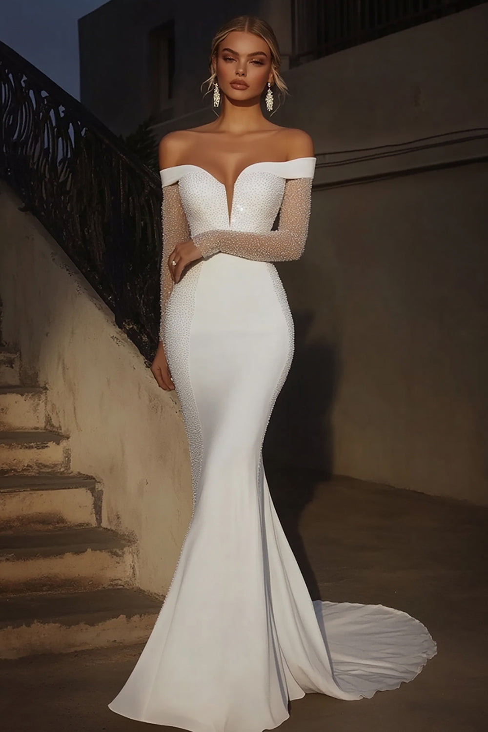 Elegant Ivory Off the Shoulder Mermaid Long Wedding Dress with Long Sleeves Elegant Ivory Off the Shoulder Mermaid Long Wedding Dress with Long Sleeves