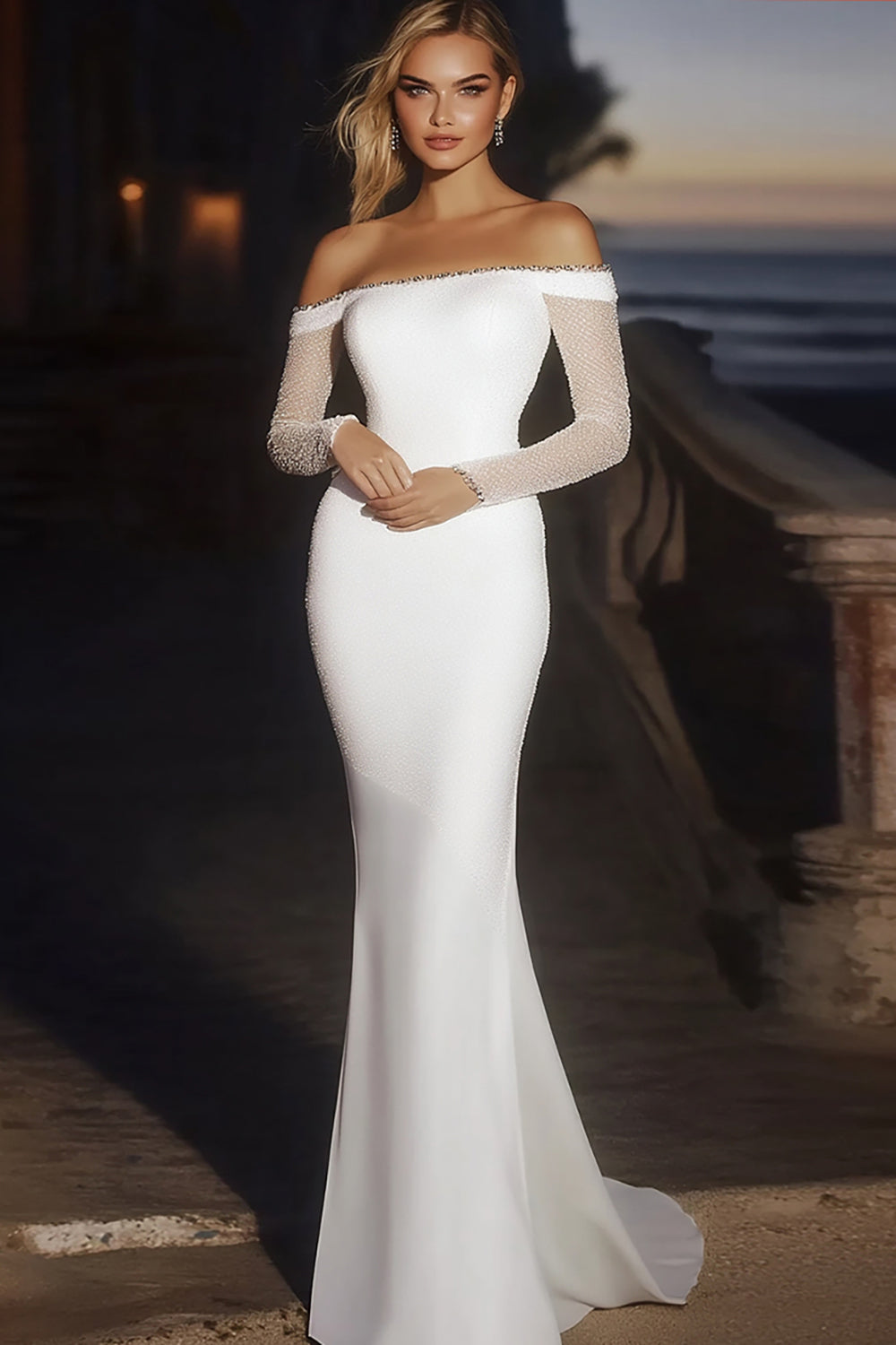 ZAPAKASA Women Elegant Ivory Wedding Dress with Long Sleeves Satin Off the Shoulder Mermaid Long Formal Dress ZAPAKASA Women Elegant Ivory Wedding Dress with Long Sleeves Satin Off the Shoulder Mermaid Long Formal Dress