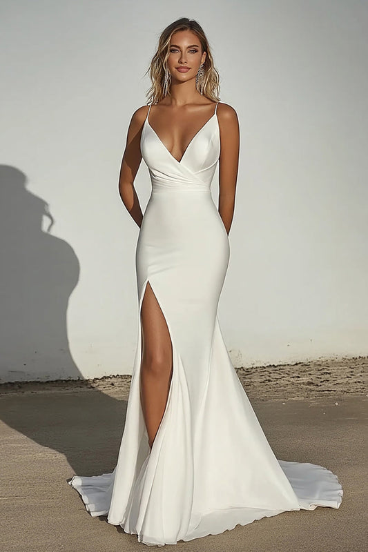 Elegant Ivory Wedding Dress with Slit Off the Shoulder Satin Mermaid Ruched Long Formal Dress