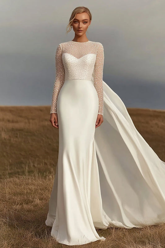 Ivory Long Sleeve Wedding Dress with Ribbon Sheath Satin Round Neck Bridal Dress