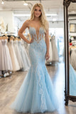Elegant Sky Blue Mermaid Sweetheart Mermaid Tulle Long Prom Dress With Appliques Elegant Sky Blue Mermaid Sweetheart Mermaid Tulle Long Prom Dress With Appliques