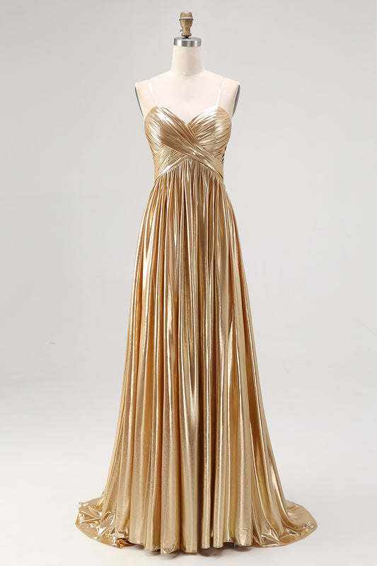 Chic Gold A Line V-Neck Metallic Pleated Long Prom Dress