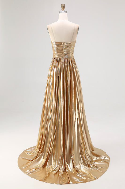 Chic Gold A Line V-Neck Metallic Pleated Long Prom Dress