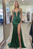 Sparkly Spaghetti Straps Dark Green Mermaid Prom Dress with Slit Sparkly Spaghetti Straps Dark Green Mermaid Prom Dress with Slit