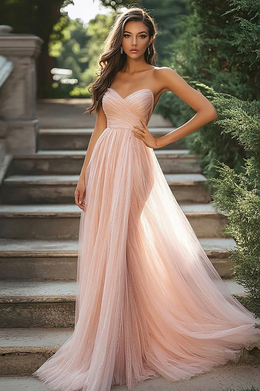 Chic Blush Prom Dress Sweetheart A-Line Ruched Tulle Long Formal Dress With Slit