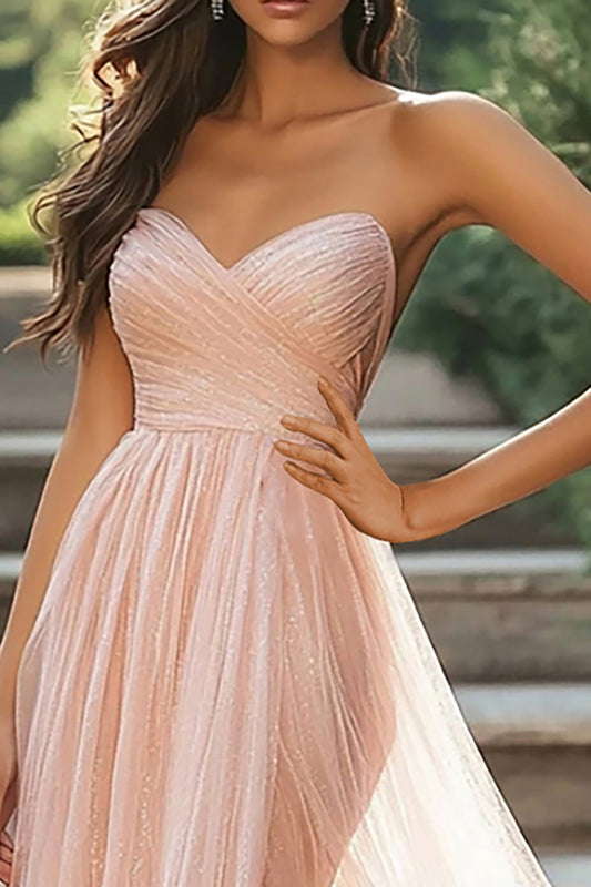 Chic Blush Sweetheart A-Line Ruched Tulle Long Prom Dress