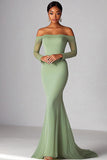 Sexy Sage Off the Shoulder Mermaid Ruched Long Prom Dress with Long Sleevs Sexy Sage Off the Shoulder Mermaid Ruched Long Prom Dress with Long Sleevs