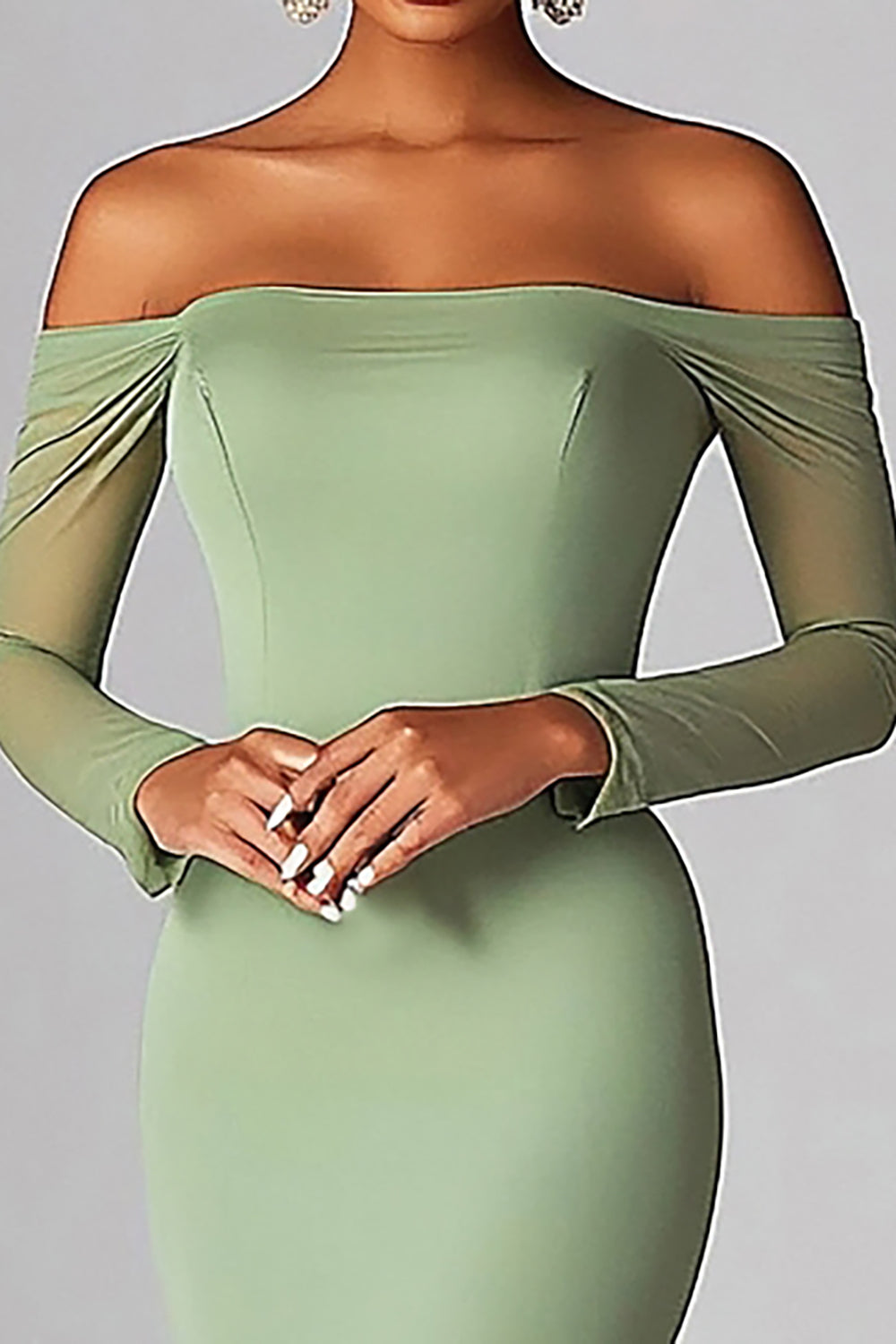 Sexy Sage Off the Shoulder Mermaid Ruched Long Prom Dress with Long Sleevs Sexy Sage Off the Shoulder Mermaid Ruched Long Prom Dress with Long Sleevs