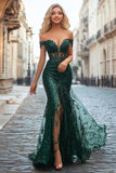 Chia Dark Green Off the Shoulder Mermaid Sequin Long Prom Dress with Embroidery Chia Dark Green Off the Shoulder Mermaid Sequin Long Prom Dress with Embroidery