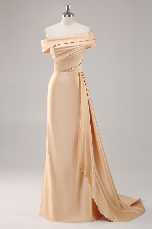 Ruched Champagne Sheath One Shoulder Long Formal Dress