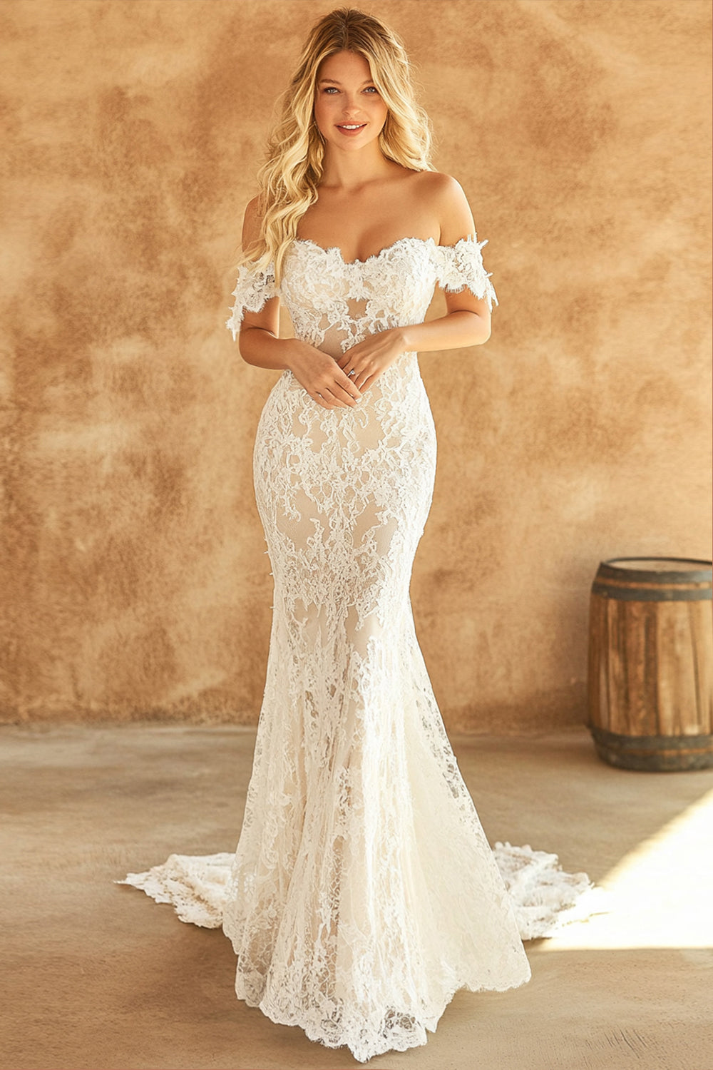 white mermaid off the shoulder dress Azazie Marlin Wedding Dress