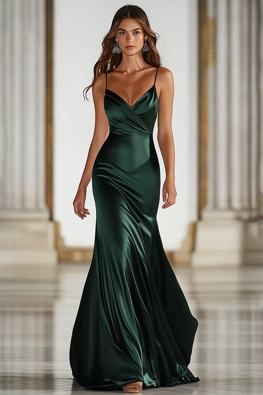 Dark Green Spaghetti Straps Military Ball Dress Mermaid Satin Long Prom Dress