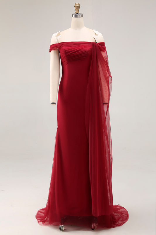Mermaid Cabernet Tulle Off the Shoulder Long Formal Dress
