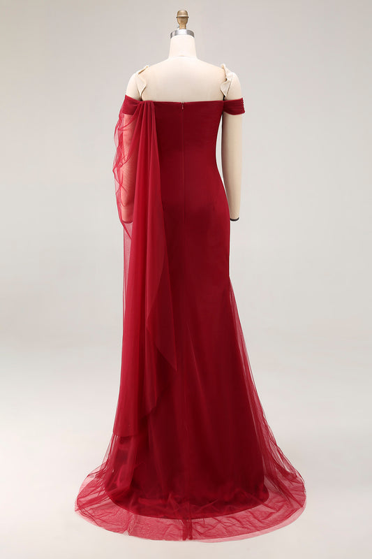 Mermaid Cabernet Tulle Off the Shoulder Long Formal Dress
