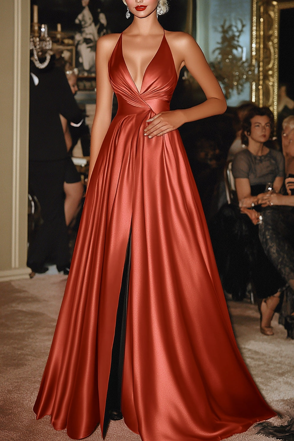 Terracotta Spaghetti Straps A-Line Satin Long Military Ball Dress with Slit Terracotta Spaghetti Straps A-Line Satin Long Military Ball Dress with Slit