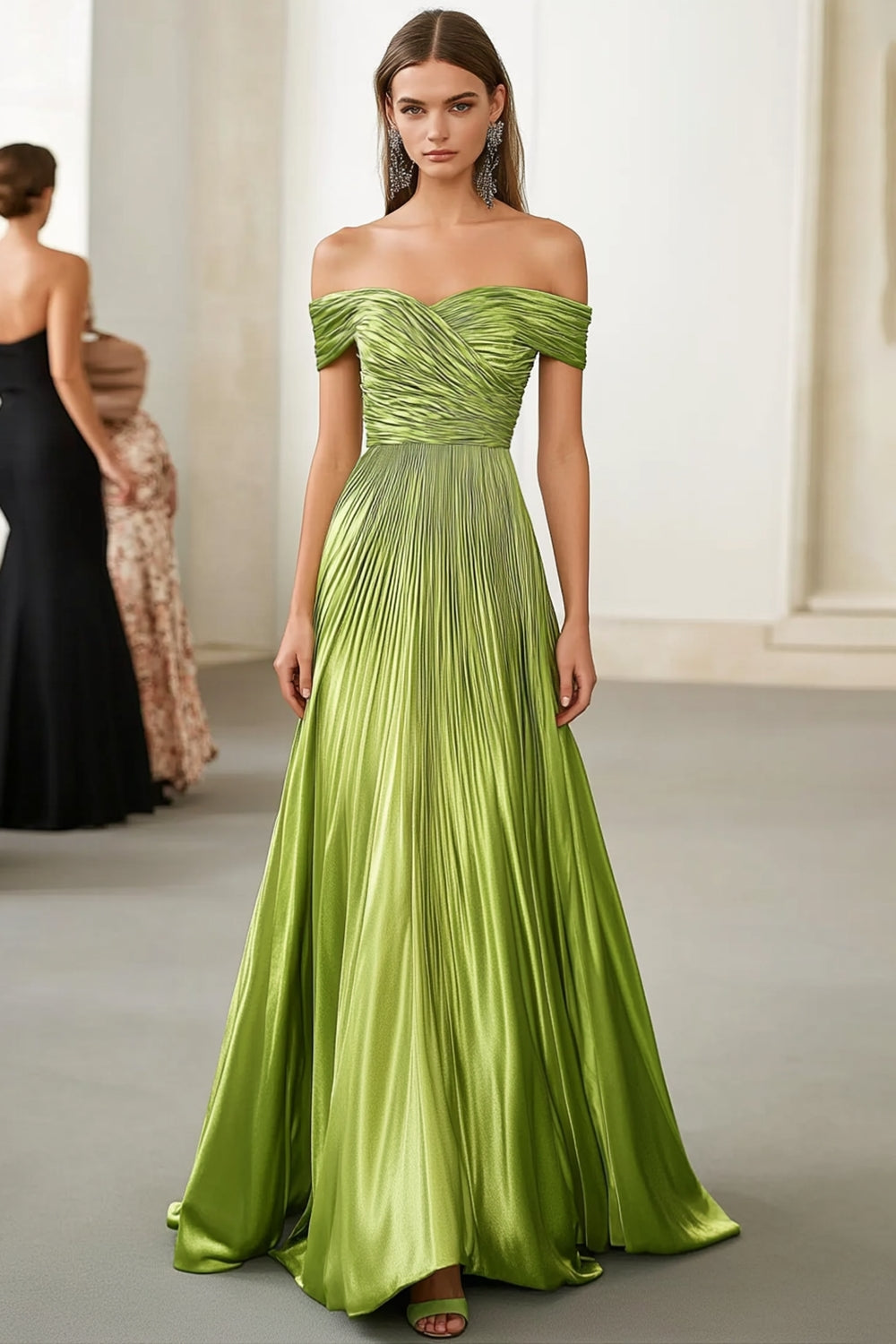Metallic Satin Off the Shoulder Green A Line Pleated Military Ball Dress Metallic Satin Off the Shoulder Green A Line Pleated Military Ball Dress
