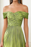 Metallic Satin Off the Shoulder Green A Line Pleated Military Ball Dress Metallic Satin Off the Shoulder Green A Line Pleated Military Ball Dress