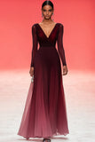 Elegant Ruched A Line V Neck Burgundy Military Ball Dress with Long Sleeves Elegant Ruched A Line V Neck Burgundy Military Ball Dress with Long Sleeves