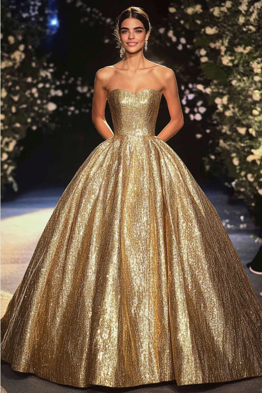 Gold Red Carpet Dress A Line Metallic Satin Sequins Strapless Long Gala Ball Dress