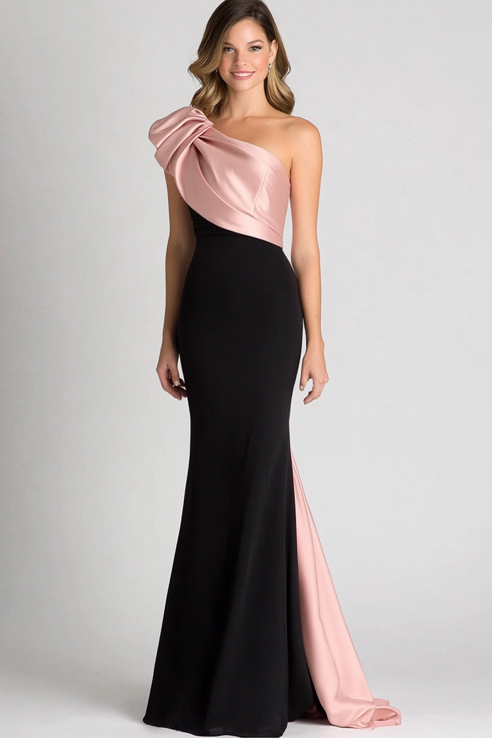 Elegant Black&Blush Ruched One Shoulder Sheath Satin Gala Dress Elegant Black&Blush Ruched One Shoulder Sheath Satin Gala Dress