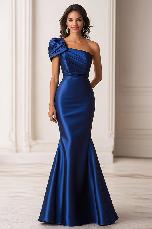 Zapaka Dark Blue Satin Military Ball Dress Mermaid Floor Length Gala Dress One Shoulder Formal Wedding Guest Dress