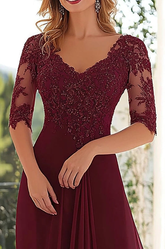 Elegant Burgundy A Line V Neck Chiffon Long Mother Of the Bride Dress with Lace Appliques