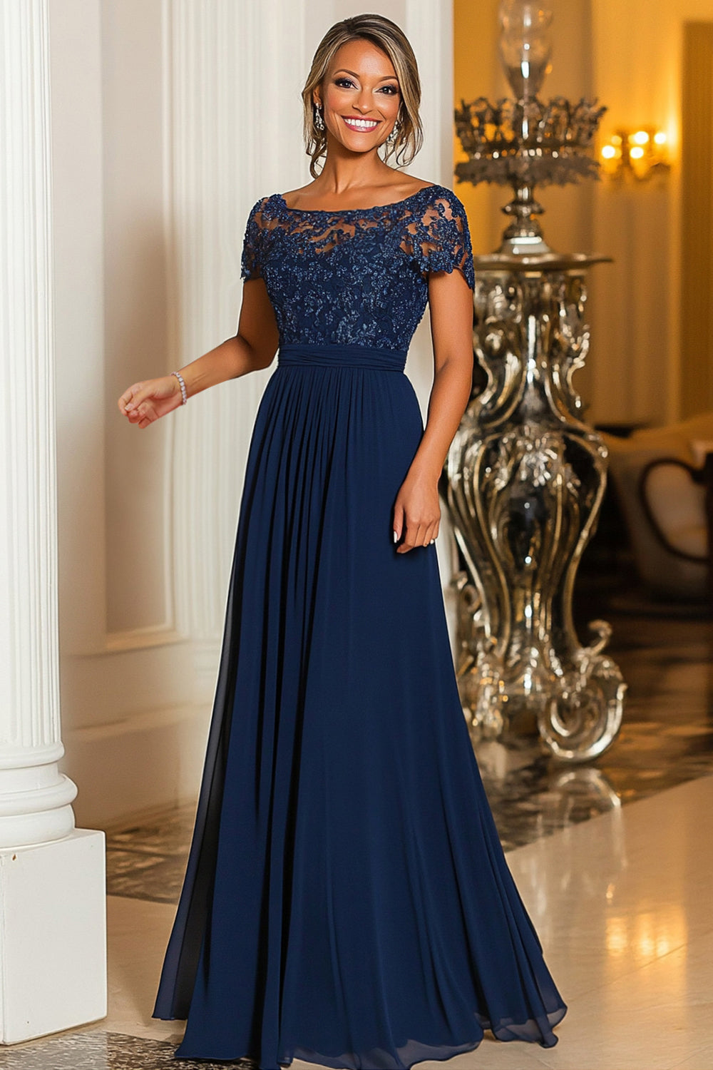 Zapakasa Woman Elegant Navy Mother Of the Bride Dress with Short Sleeves A-Line Boat Neck Chiffon Lace Appliques Long Formal Dress Zapakasa Woman Elegant Navy Mother Of the Bride Dress with Short Sleeves A-Line Boat Neck Chiffon Lace Appliques Long Formal Dress