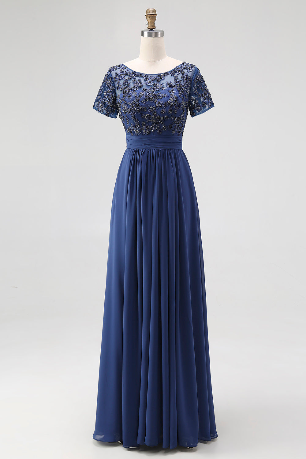 Zapakasa Woman Elegant Navy Chiffon Long Mother Of the Bride Dress Short Sleeves Boat Neck Appliques A-Line Formal Dress Zapakasa Woman Elegant Navy Chiffon Long Mother Of the Bride Dress Short Sleeves Boat Neck Appliques A-Line Formal Dress