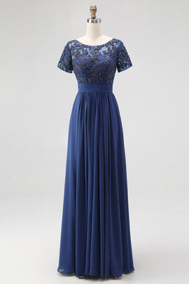 Navy Boat Neck Appliques A-Line Long Mother Of the Bride Dress with Sleeves