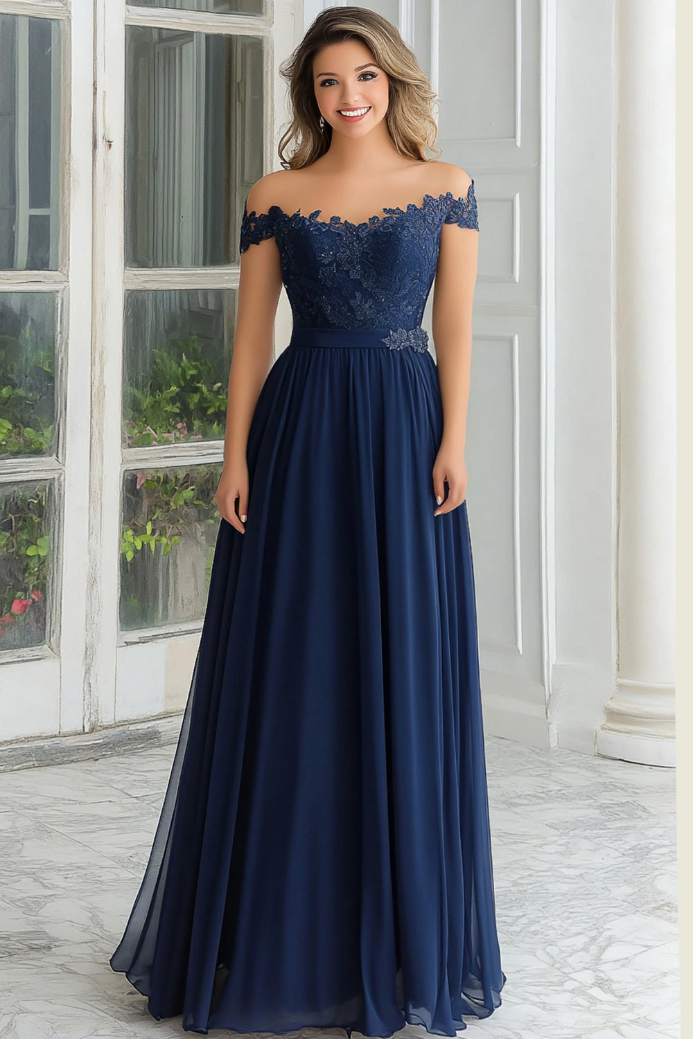 Zapakasa Woman Elegant Navy Mother Of the Bride Dress with Lace Appliques Off the Shoulder A-Line Chiffon Long Formal Dress Zapakasa Woman Elegant Navy Mother Of the Bride Dress with Lace Appliques Off the Shoulder A-Line Chiffon Long Formal Dress