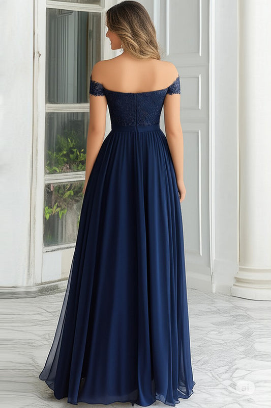 Elegant A-Line Navy Off the Shoulder Chiffon Long Mother Of the Bride Dress with Lace Appliques