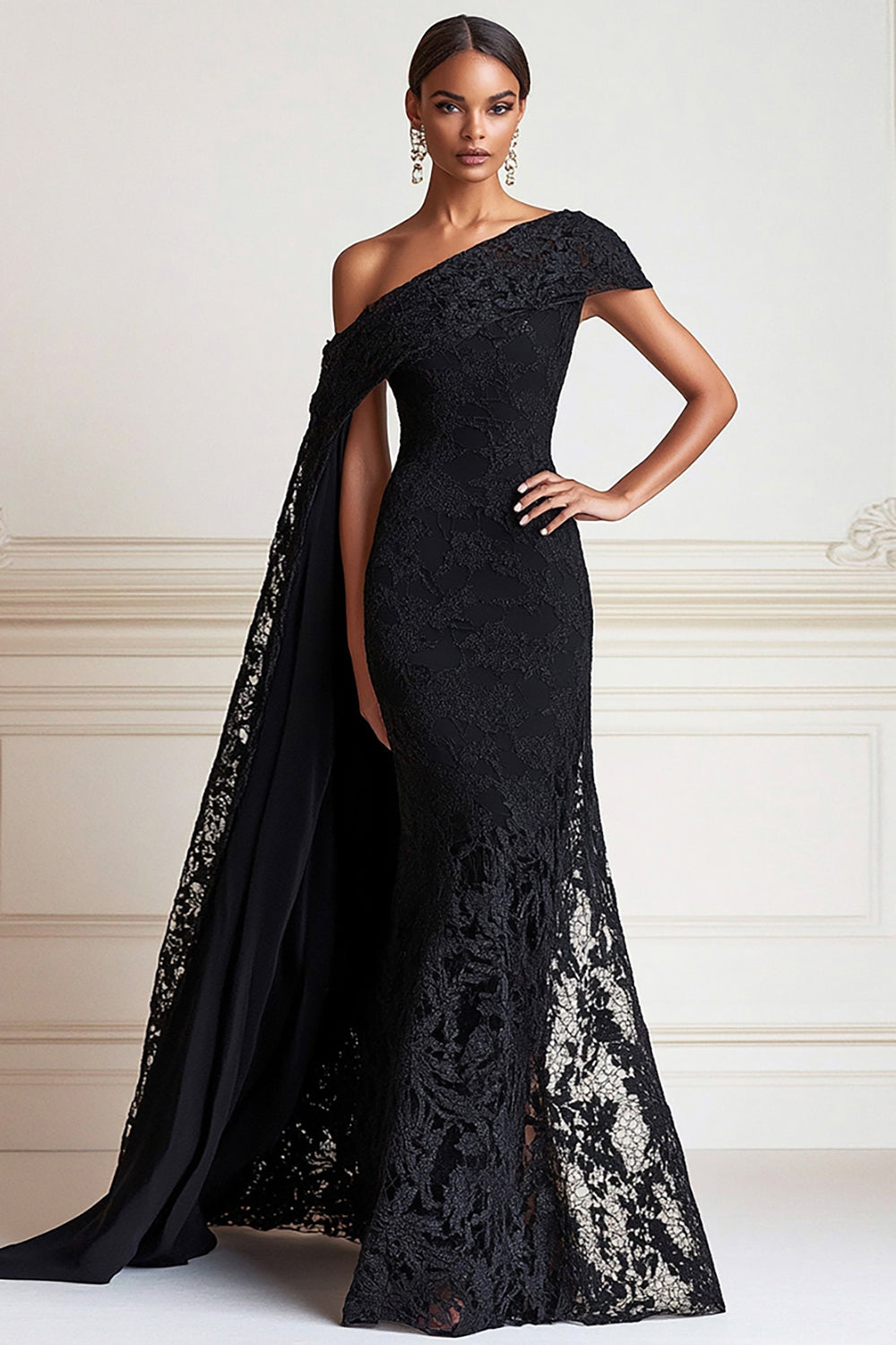 ZAPAKASA Women Black Long Mother of the Bride Dress Mermaid One Shoulder Lace Wedding Guest Dress with Side Shoulder Cape ZAPAKASA Women Black Long Mother of the Bride Dress Mermaid One Shoulder Lace Wedding Guest Dress with Side Shoulder Cape