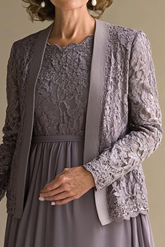 Vintage Mauve A-Line Scoop Lace Top Chiffon Knee Length Mother of the Bride Dress with Lace Jacket