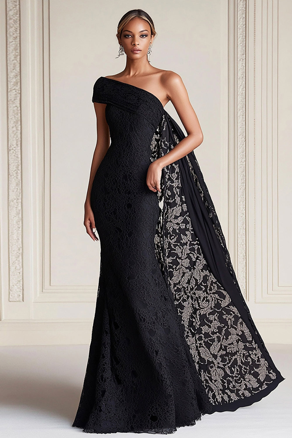black lace cape dress Long A Line Formal Removable Cape Dress by LaDivine S503