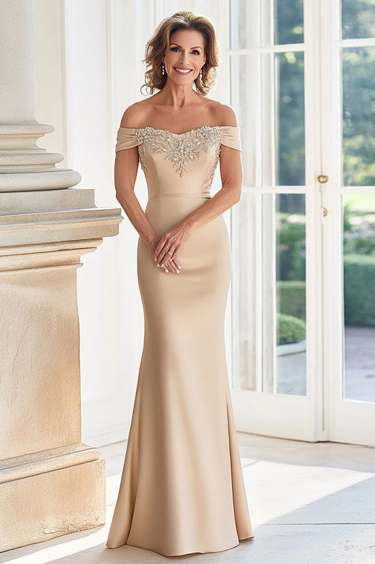 Champagne Satin Long Mother of the Bride Dress with Appliques Off the Shoulder Mermaid Wedding Guest Dress