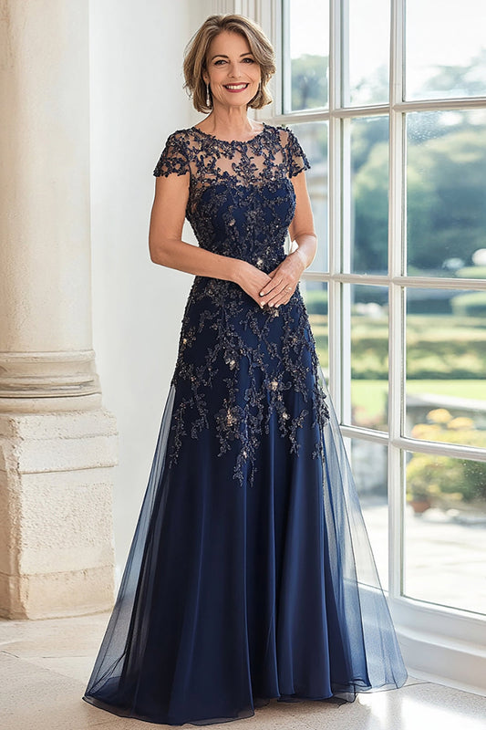 Navy Mother of the Bride Dress Lace Appliqued Scoop Neck A Line Cap Sleeves Wedding Guest Dress