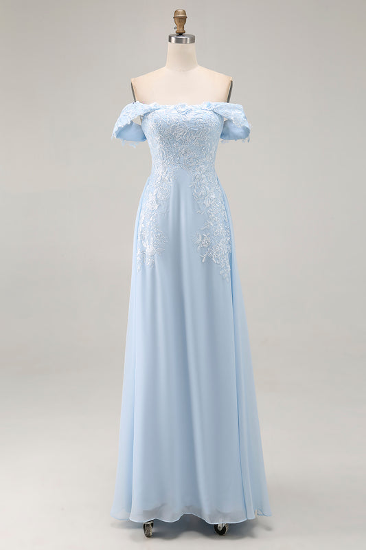 Sky Blue Chiffon Appliqued Sheath Long Mother of the Bride Dress