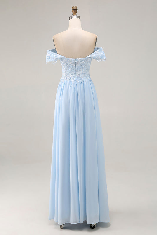 Sky Blue Chiffon Appliqued Sheath Long Mother of the Bride Dress