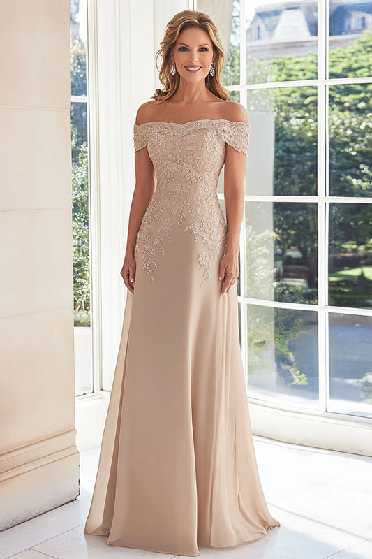 Elegant Taupe Mother of the Bride with Lace Appliques Off the Shoulder Chiffon Sheath Long Formal Dress
