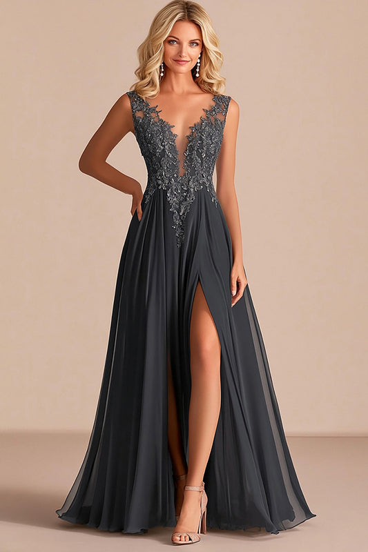 Charcoal Appliqued Long Mother of the Bride Dress with Slit A Line Chiffon V-Neck Lace Wedding Guest Dress