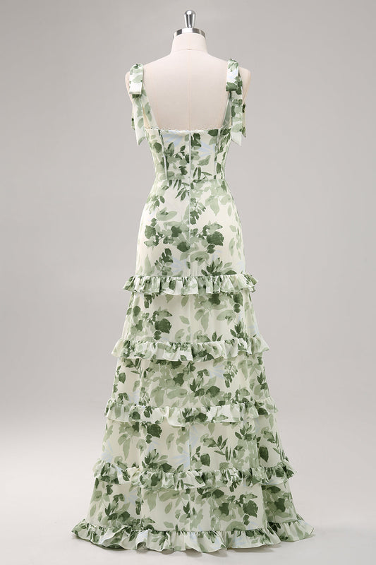 Green Flower A Line Square Neck Ruffled Long Bridesmaid Dress with Slit
