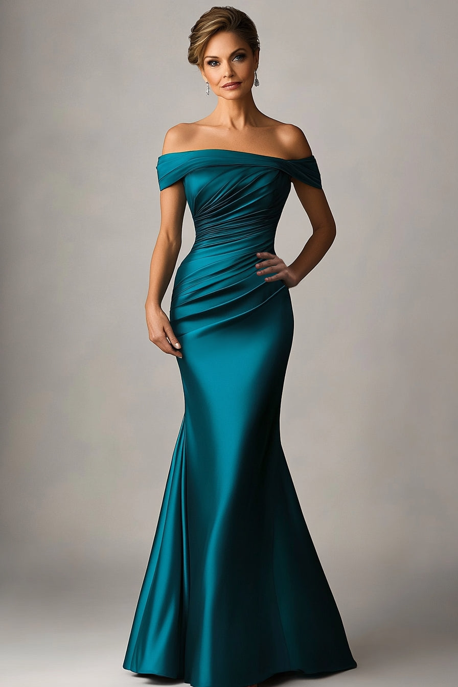 Peacock Blue Mermaid Off The Shoulder Ruched Satin Formal Dress Peacock Blue Mermaid Off The Shoulder Ruched Satin Formal Dress