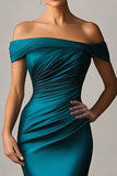 Peacock Blue Mermaid Off The Shoulder Ruched Satin Formal Dress Peacock Blue Mermaid Off The Shoulder Ruched Satin Formal Dress
