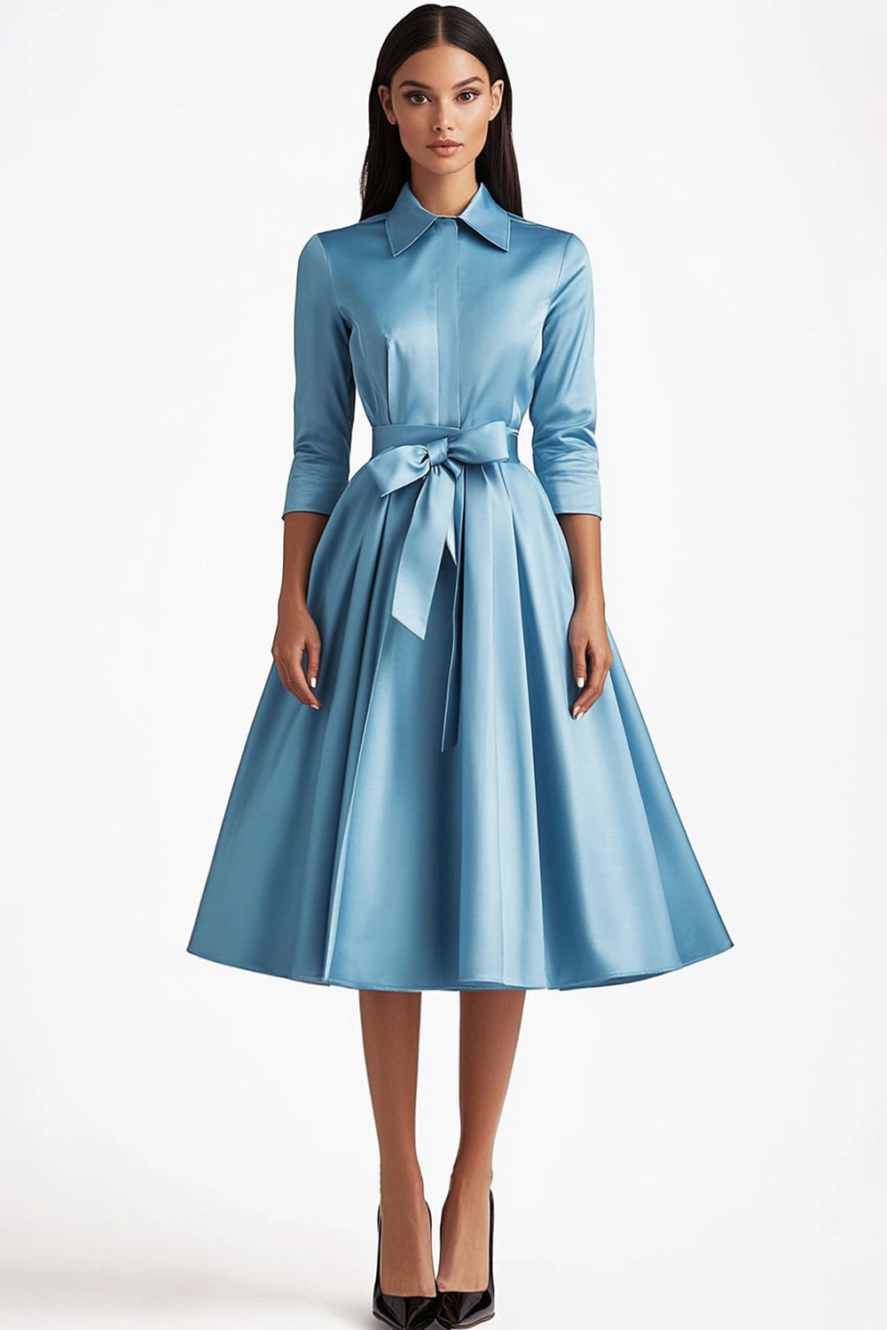 Blue A Line Flared Front Button Closures Mid Length Formal Dress with Long Sleeves Blue A Line Flared Front Button Closures Mid Length Formal Dress with Long Sleeves