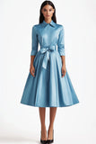 Blue A Line Flared Front Button Closures Mid Length Formal Dress with Long Sleeves Blue A Line Flared Front Button Closures Mid Length Formal Dress with Long Sleeves