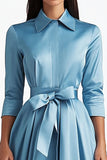 Blue A Line Flared Front Button Closures Mid Length Formal Dress with Long Sleeves Blue A Line Flared Front Button Closures Mid Length Formal Dress with Long Sleeves