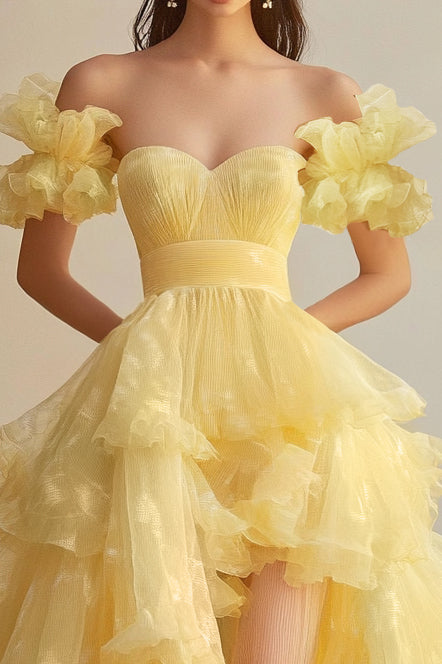 Yellow Boat Collar Short Sleeves Organza Formal Dress with Big A Hem Yellow Boat Collar Short Sleeves Organza Formal Dress with Big A Hem