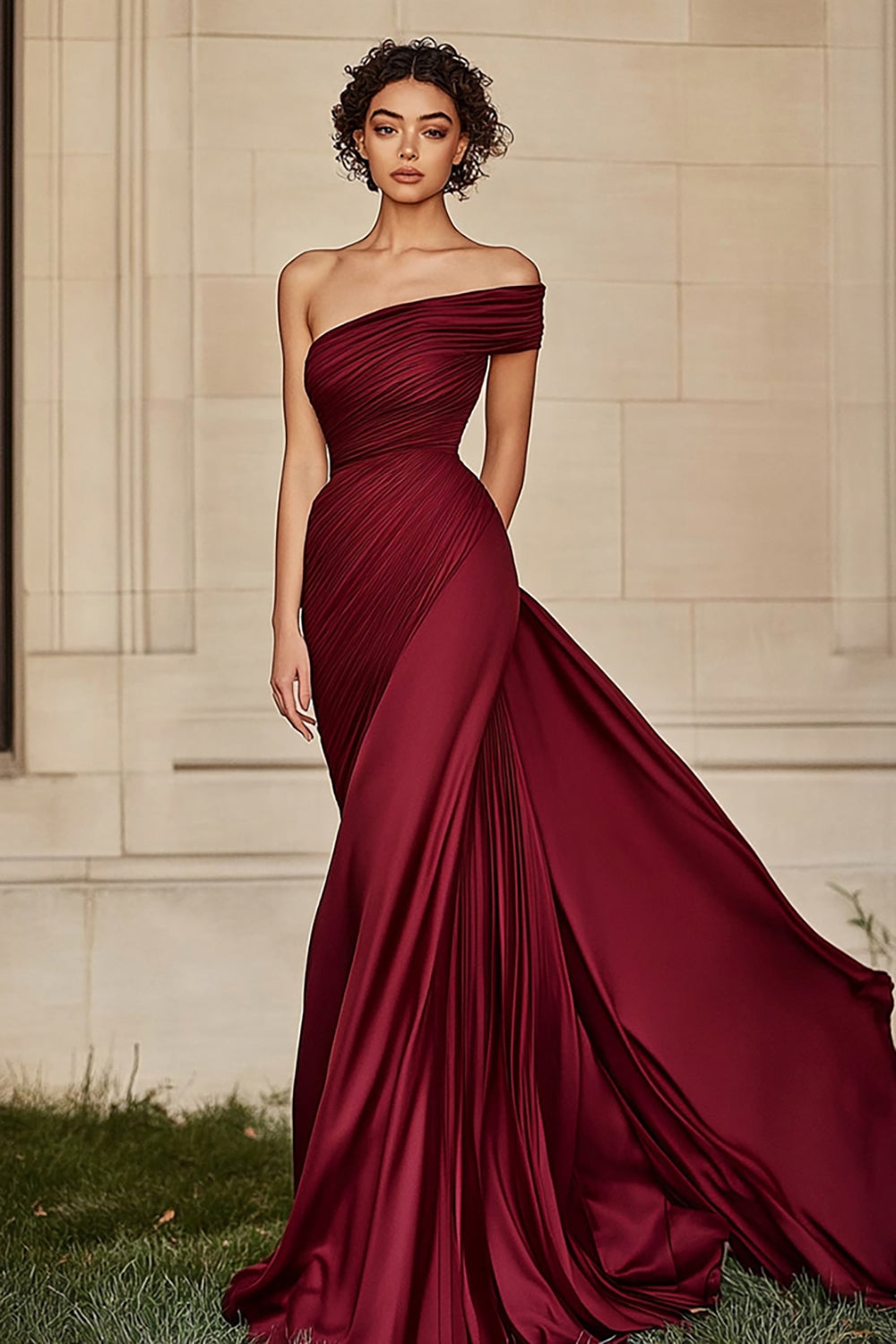 Zapakasa Women Burgundy Prom Dress Sheath One Shoulder Strapless Ruched Satin Long Evening Dress Zapakasa Women Burgundy Prom Dress Sheath One Shoulder Strapless Ruched Satin Long Evening Dress