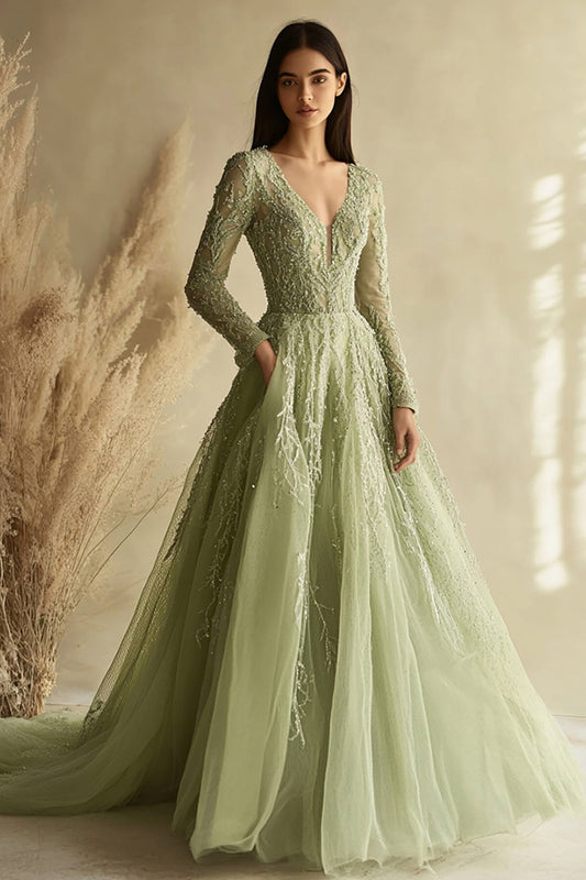 Long Sleeve Prom Dress Dusty Sage A Line V-Neck Tulle Lace Appliqued Long Evening Dress