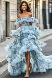 Blue Floral Ruffled Organza Off the Shoulder Asymmetrical Prom Dress Blue Floral Ruffled Organza Off the Shoulder Asymmetrical Prom Dress